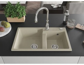 Mexen Tomas, granitový drez 800x500x190 mm, 2-komorový a drezová batéria Savita, béžová, 6516-69-672601-00