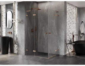Mexen Lunar, L Duo výklopný sprchový kút 115 x 105 cm, 8mm číre sklo, profil medená matná, 834L-115L-105P-65-00