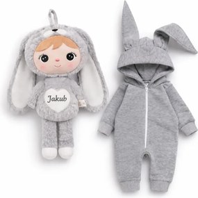 Najkrajší darček pre bábätko – zajačik s menom sivá + overal 50/56 (0-3M)