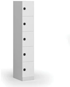 Šatníková skrinka s úložnými boxmi, 5 boxov, 1850 x 300 x 500 mm, kódový zámok, laminované dvere, biela