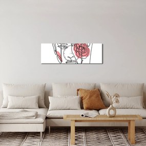 Obraz - Line art tvár s ružou (s hodinami) (90x30 cm)
