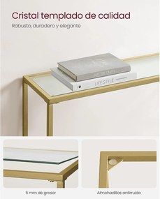 Konzolový stolík, bočný stolík, oceľový rám, tvrdené sklo, 20 x 100 x 80 cm, zlatá farba