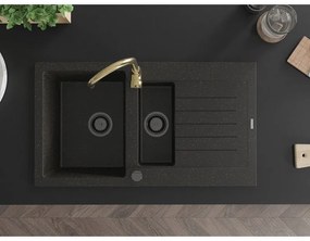 Mexen Matias, granitový drez 900x505x200 mm, 1,5-komorový a zlatá batéria Telma, čierna-zlatá metalíza, 6502-75-670200-50-B