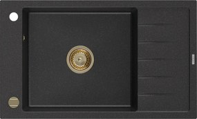 Mexen Elias, granitový drez granitový 795x480x200 mm, 1-komorový, čierna-strieborná metalíza so zlatým sifónom, 6511791005-73-G