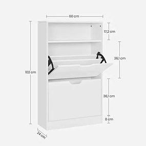 Stojan na topánky s 2 priehradkami, botník, 60 x 24 x 102 cm, biela