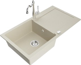 Mexen Leo, granitový drez 900x500x190 mm, 1-komorový a drezová batéria Carla, béžová, 6501-69-670700-00