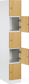Šatníková skrinka S1 s úložnými boxmi, 5 boxov, 1850 x 300 x 500 mm, mechanický kódový zámok, laminované dvere, buk