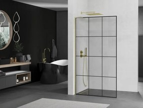 Mexen Kioto L, sprchová zástena Walk-In 110 x 200 cm, 8mm číre sklo čierny vzor, zlatý matný profil, 800-110-103-55-77
