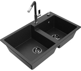 Mexen Tomas, 2-komorový granitový drez 800x500x190 mm a drezová batéria Flora, čierna-strieborná metalíza, 6516-73-670401-07-B