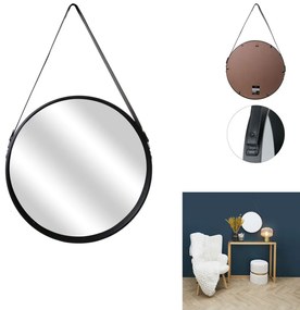 AKCIA Čierne okrúhle zrkadlo s koženou rukoväťou NAHAD Ø50 cm II. akosť