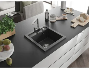 Mexen Vito, 1-komorový granitový drez 520x490x210 mm, chrómová batéria Rita, čierna škvrnitá, 6503-76-670300-00