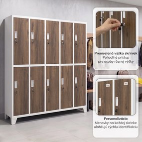 Šatňová skriňa BOZP 10-dverová biela/orech, 1360x1720x450 mm: BARTEK Eco Design