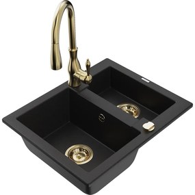 Mexen Carlos, 1,5-komorový granitový drez 582x475x177 mm a drezová batéria Savita, čierna, 6518-77-672601-50