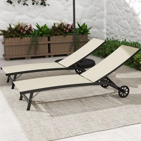 Outsunny set 2 lehátok s nastaviteľným chrbtom z hliníka a textilenu s kolieskami, nosnosť max. 150 kg, khaki | Aosom