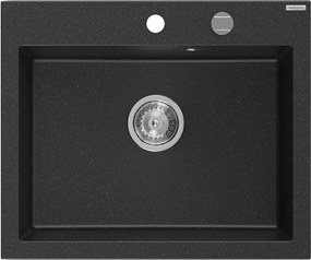 Mexen Eliz, 1-komorový granitový drez 600 x 500 mm, čierna/strieborná metalíza, chrómový sifón - 6525601005-73