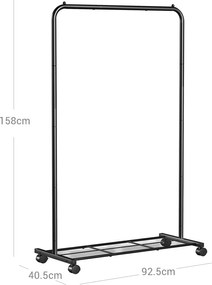 Kovový stojan na oblečenie s kolieskami, horná koľajnica do 40 kg, čierny
