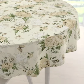 Biante Bavlnený okrúhly obrus Sandra SA-473 Pivonky s motýlikmi na vanilkovom Ø 90 cm