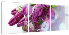 Obraz - kytice tulipánov (s hodinami) (90x30 cm)