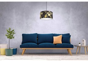 Závesné svietidlo Gold Flowers, 1x čierne textilné tienidlo s kvetinovým vzorom, (fi 40cm)