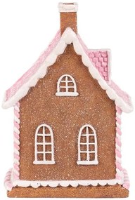 Vianočná dekorácia Perníkový domček s ružovou strechou, polyresin, LED, hnedá