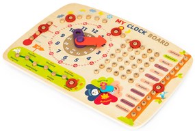 Drevená manipulačná doska pre deti, kalendár s hodinami, ECOTOYS