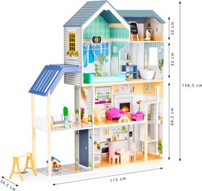 Veľký drevený domček pre bábiky ECOTOYS Rezidencia Maya 138 cm, 4 poschodia, 28 dielov