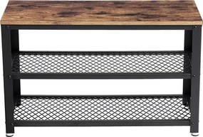 Lavica na topánky s 2 policami, botník s kovovým rámom, rustikálny hnedý