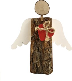 AMADEA Drevený anjel s kôrou s bielymi krídlami a čeveným srdcom, masívne drevo, 19x14,5x3 cm