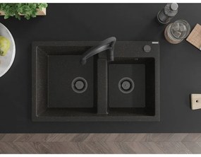 Mexen Tomas, 2-komorový granitový drez 800x500x190 mm a drezová batéria Aster, čierna-zlatá metalíza, 6516-75-73450-70-B