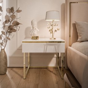 NOČNÝ STOLÍK NESSIE BIELY LESK + ZLATÝ PODSTAVEC