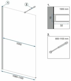 Rea Aero, sprchová zástena typu Walk-In 110cm, 8mm číre sklo, čierny profil + polica a vešiak EVO, KPL-K0597