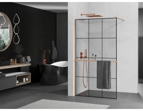 Mexen Kioto+, sprchová zástena Walk-In s poličkou a vešiakom 100 x 200 cm, 8mm číre sklo čierny vzor, medený matný profil, 800-100-121-65-77