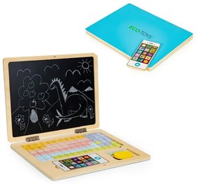 Drevený edukačný laptop s tabuľou | modrý