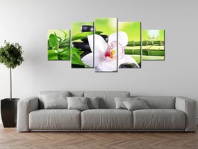 Gario Obraz s hodinami Biela orchidea a kamene - 5 dielny Rozmery: 150 x 105 cm