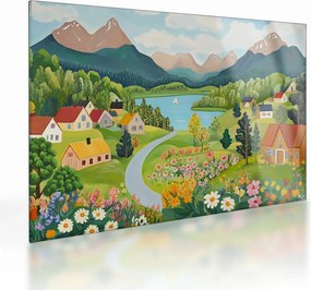 Sklenený obraz - Dedina v horách (70x50 cm)