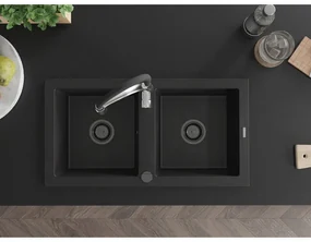 Mexen Mario, granitový drez 820x436x161 mm, 2-komorový a drezová batéria Aster, čierna, 6504-77-73450-07-B