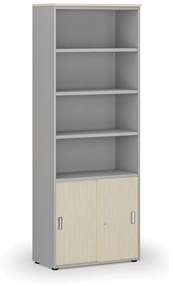 Kombinovaná kancelárska skriňa PRIMO GRAY, zasúvacie dvere na 2 poschodia, 2128 x 800 x 420 mm, sivá/dub prírodný