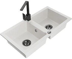 Mexen Mario, granitový drez 820x436x161 mm, 2-komorový, biela s čiernym sifónom a čierna drezová batéria Rita, 6504-20-670300-70