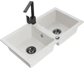 Mexen Mario, granitový drez 820x436x161 mm, 2-komorový, biela s čiernym sifónom a čierna drezová batéria Rita, 6504-20-670300-70