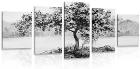 5-dielny obraz orientálna čerešňa v čiernobielom prevedení - 100x50