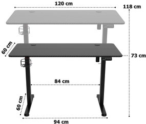 Výškovo nastaviteľný elektrický herný stôl SHADOW GAMER 1.0 120 cm čierny