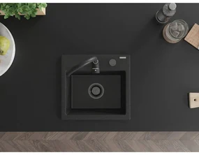 Mexen Milo, 1-komorový granitový drez 435x410x171 mm a čierna batéria Telma, čierna-strieborná metalíza, 6505-73-670200-70-B