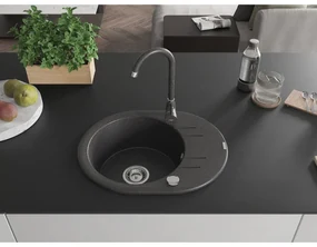 Mexen Kevin, drez granitový 586x458x190 mm, 1-komorový a čierna matná škvrnitá batéria Telma, čierna škvrnitá, 6517-76-670200-76