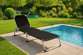 Garthen 61123 Záhradné skladacie ležadlo so strieškou - čierne