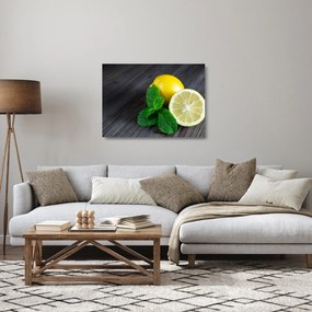 Sklenený obraz citrónov a mäty na stole (70x50 cm)