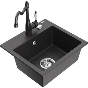 Mexen Milo, granitový drez 435x410x171 mm, 1-komorový a drezová batéria Carla, čierna škvrnitá, 6505-76-670700-76