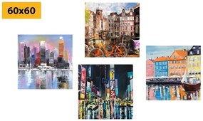 Set obrazov mestá s imitáciou olejomaľby - 4x 60x60