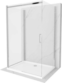 Mexen Omega, 3-stenový sprchovací kút s posuvnými dverami 140 (dvere) x 100 (stena) x 190 cm, 8mm číre sklo, chrómový profil + biela sprchová vanička SLIM, 825-140-100-01-00-3S-4010