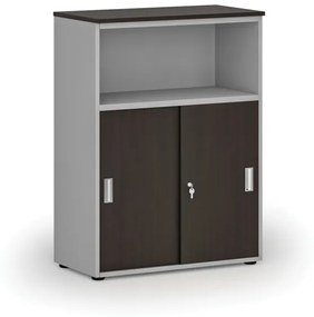 Kombinovaná kancelárska skriňa so zásuvnými dverami PRIMO GRAY, 1087 x 800 x 420 mm, sivá/wenge