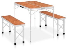 Skladací kempingový stôl s 2 lavicami hnedý hliníkový